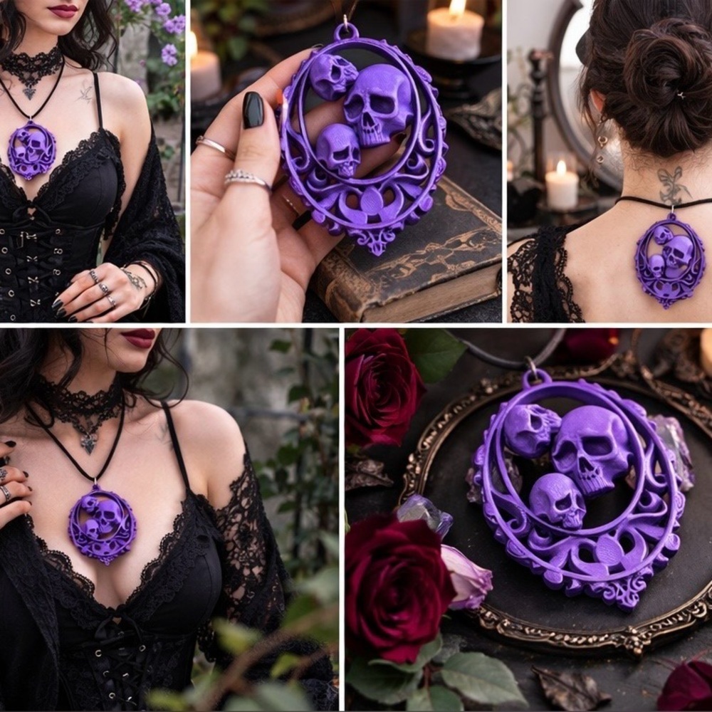 Gothic Purple Skull Pendant Necklace – Ornate Cameo Style